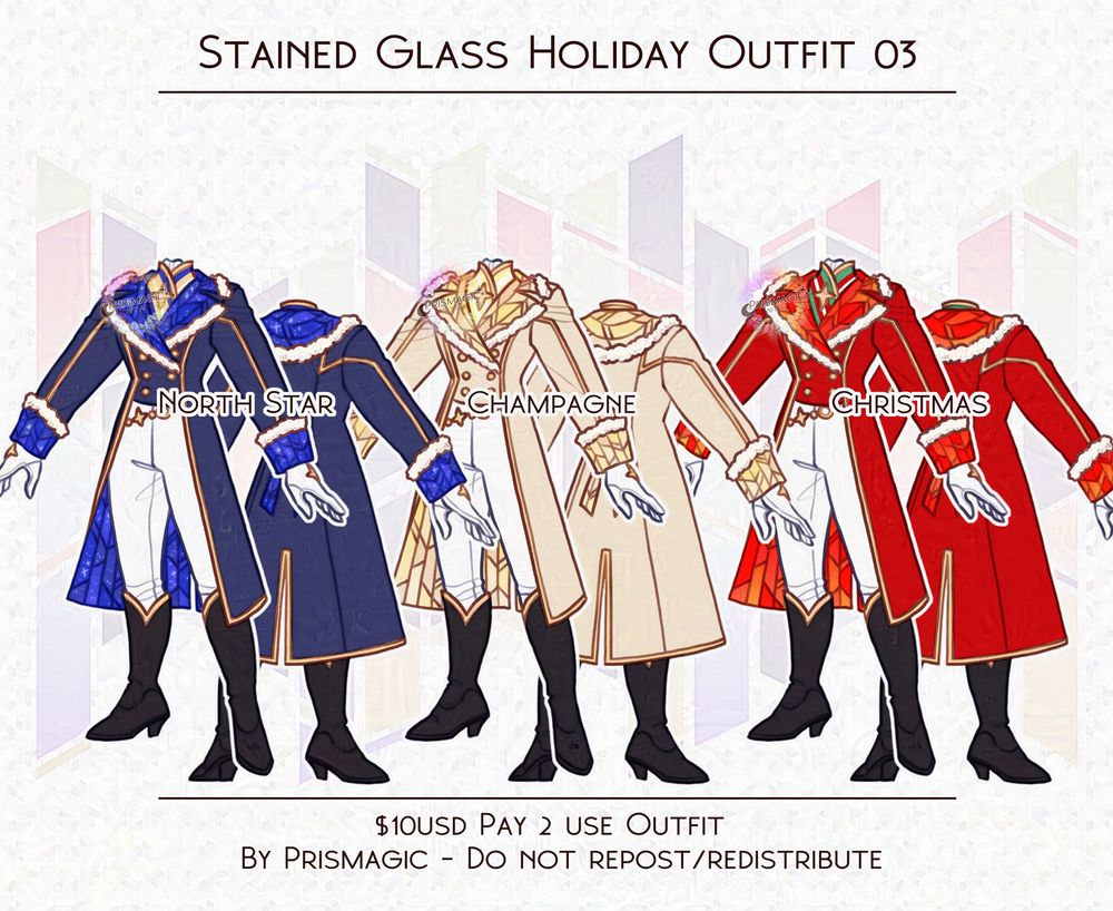 A stained glass themed outfit with a dressage style jacket, and white pants with knee height boots.. It comes in a blue, yellow, and red colour palette.