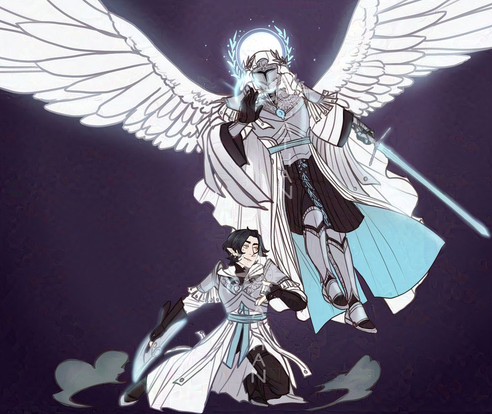 A digital illustration of two characters on a murky purple background. On the right an angel hovers in the air, wings outstretched, dressed in blue and white and silver armor. He holds a sword in one hand and his other hand is held aloft saintly. On the ground crouches a paladin dressed in a similar uniform, but he holds an axe in one hand and his holy symbol in the other.