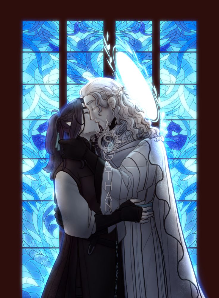 A digital drawing of two men standing in front of a large blue stained glass window. On the left is a revenant man with long black hair, while on the right is an angel with silver hair. They're kissing very tenderly because they invented love.