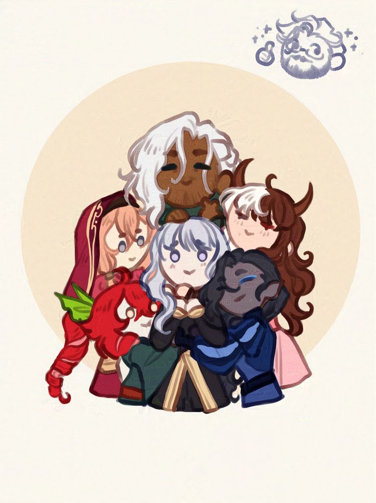 A little drawing of a D&D party hugging their paladin.