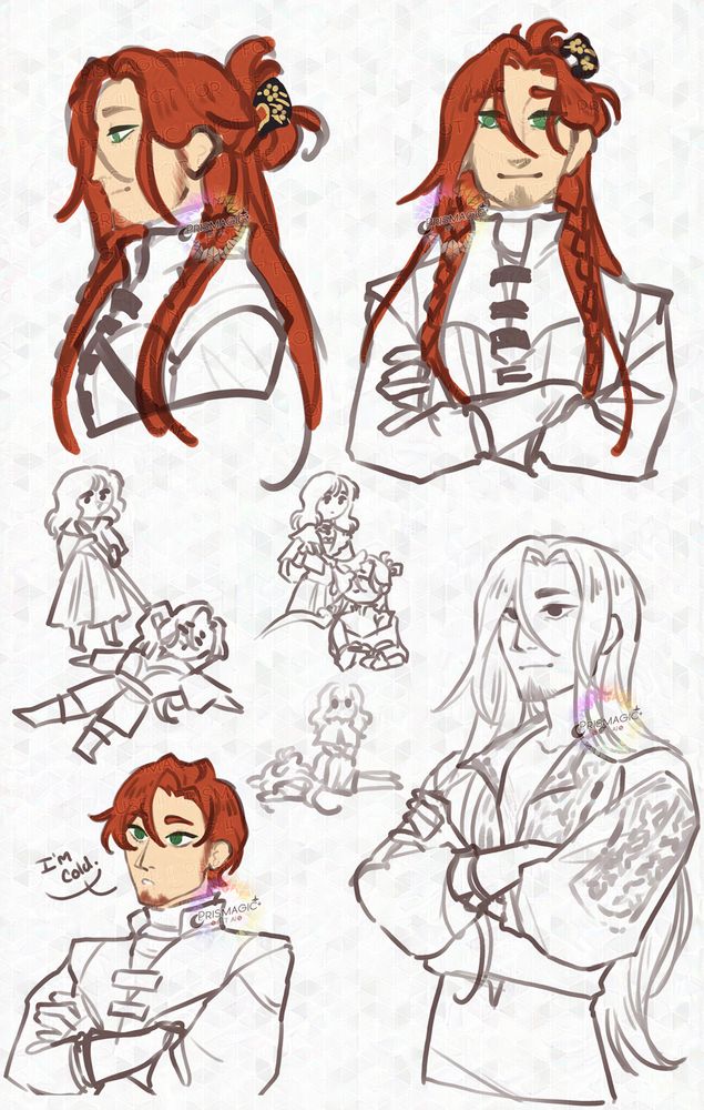 A sketch dump of the paladin in the first image. Some sketches are simple concept portraits of him from the front and side, while a series of sketches show him being bullied by a Manikin woman.