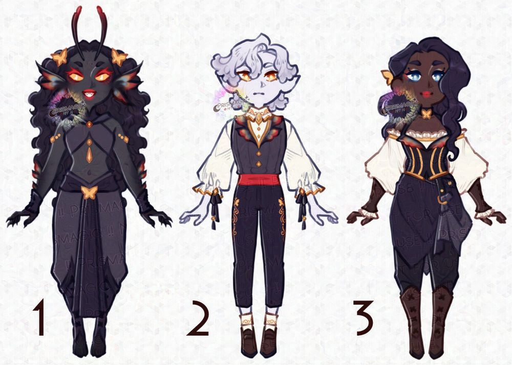 A trio of adoptable character designs. They're based off butterflies with an orange, yellow, and blue colour scheme.