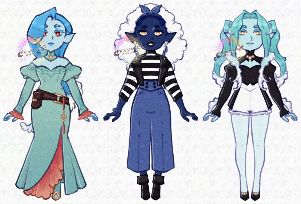 A set of three adoptable designs. Each is a water genasi with water themed hair. The first wears a greem amd pink dress, the second wears wide legged blue pants and a striped shirt, and the third wears a romper with a black jacket over it.