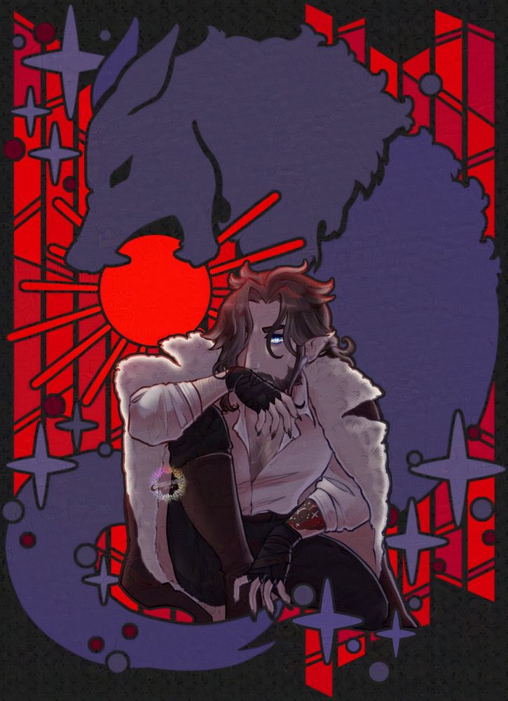 A man sitting with his arm propped on his knee and his clawed hand in front of his face. He wears a fur jacket over his shoulders and stares into the camera with a piercing blue eye. The background is a stained glass image of a red night sky with a red moon, a black wolf twists around the man and opens its jaw to devour the moon.