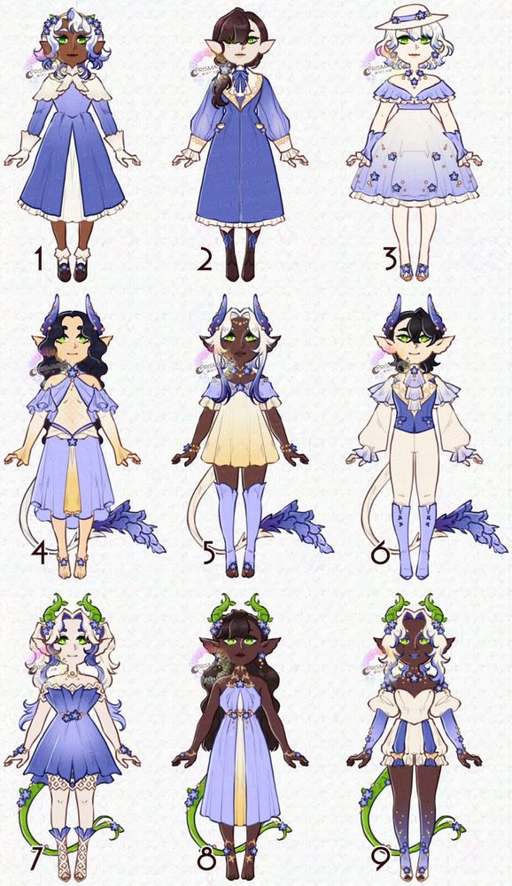 A set of 9 adoptable designs drawn on a symmetry tool base. They're all themed around a forget me not style palette, and three of them have gem horns and a white tail while the final three have stem horns and a tail adorned with flowers.