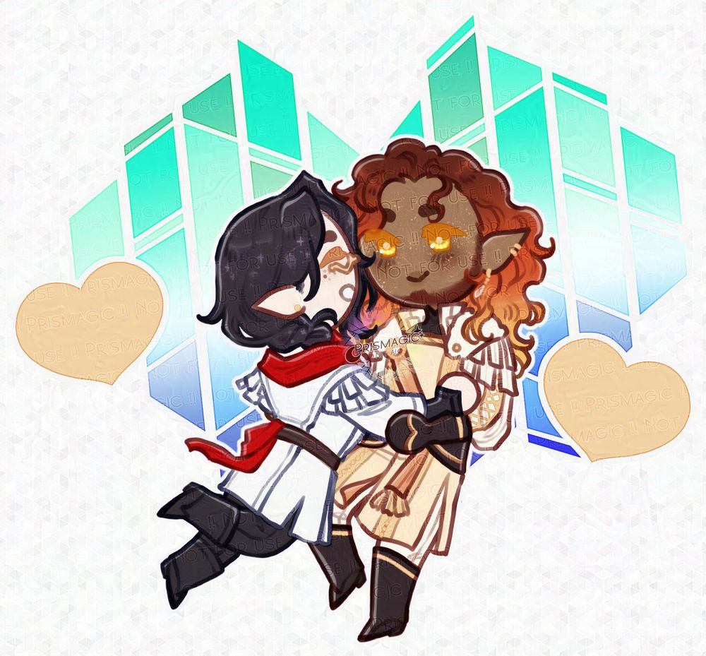 Some very small chibis of two men holding each other. On the left is a pale skinned elf with gold eyes and black hair speckled with stars. He wears a white uniform with a red scarf. On the right is a tanned elf with red ombre hair and gold eyes, he wears a yellow uniform with an angel wing shawl over his shoulders. The background is a stained glass heart with the gay pride flag colours.