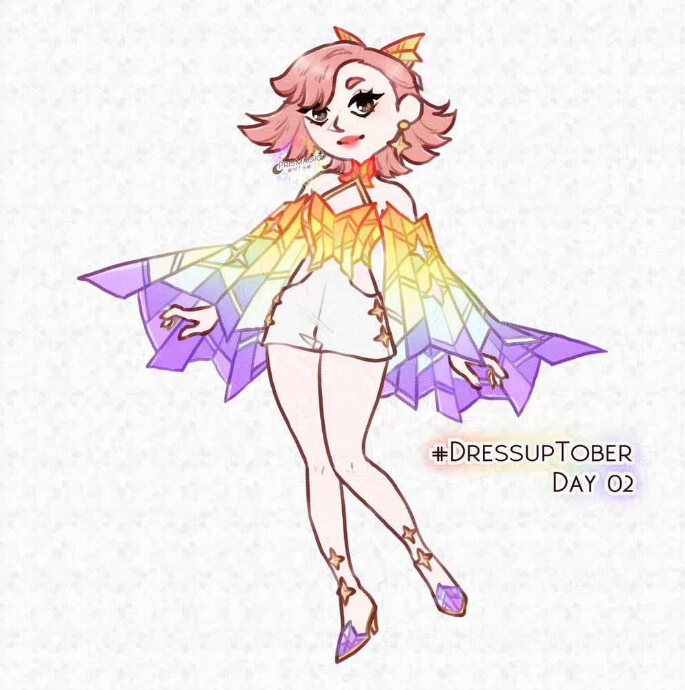 A chibi drawing of a pale skinned, pink haired, brown eyed sona. She wears a long sleeved, rainbow stained glass shirt with a pair of onsie shorts and some high heels.