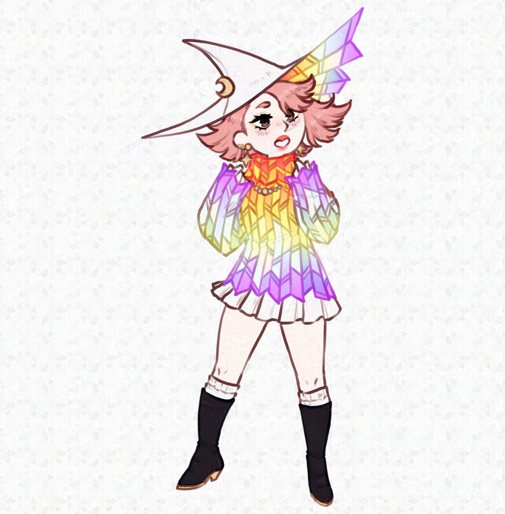 A chibi drawing of a pale skinned, brown eyed, pink haired witch. She is wearing a rainbow stained glass sweater dress and boots with leg warmers tucked inside. She has a white and rainbow witch hat on her head. She looks excited!