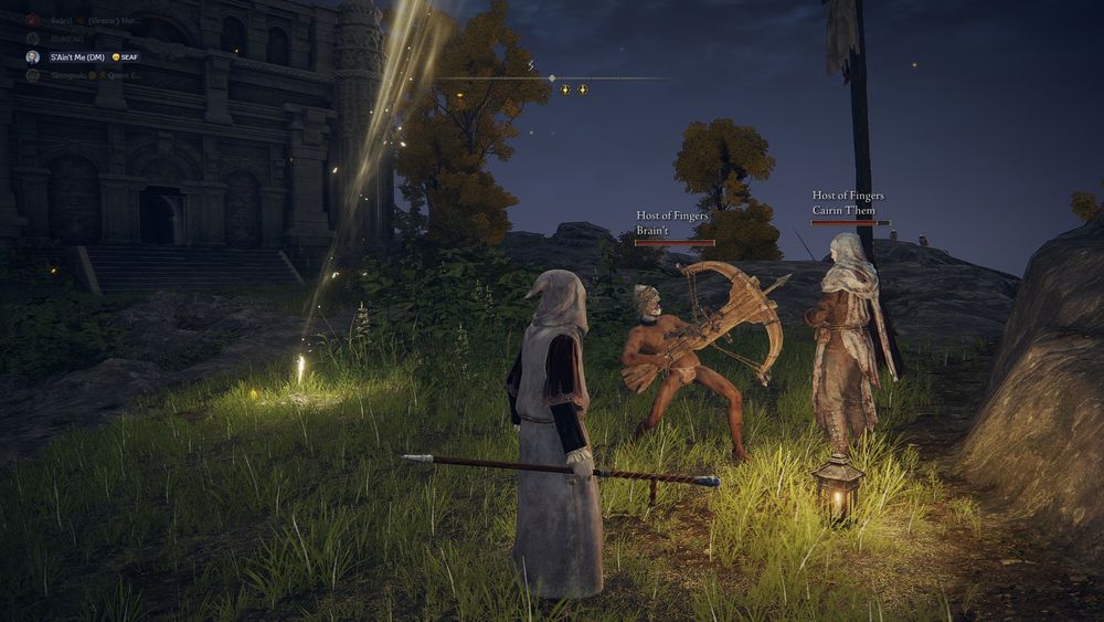 A screenshot from elden ring. A naked man holding a ballista threatens an npc.