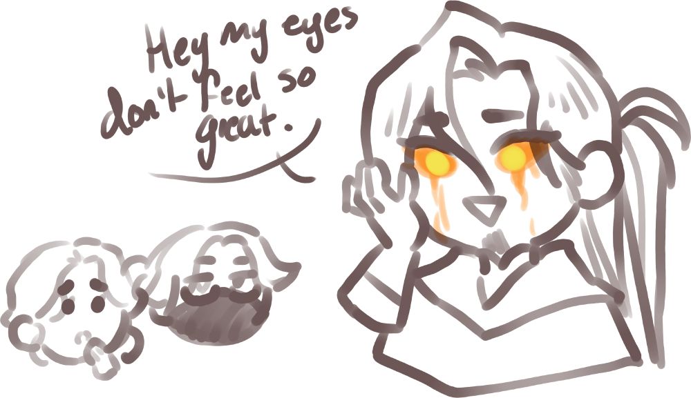 A chibi drawing of a man holding his head, his eyes are flourescent yellow and orange. A speech bubble next to him says "Hey, my eyes don't feel so great." His two companions look at him in horror and disappointment.