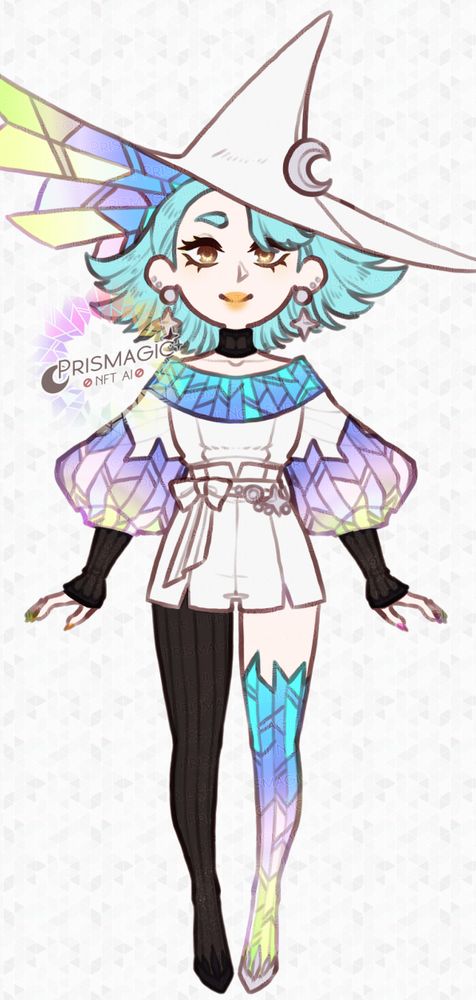 A standing reference of a pale skinned, blue hair, gold eyed witch. She wears a stained glass hat and stocking that has a blue/purple/pink/yellow gradient in it, and the rest of her outfit is a white sweater and shorts with a single black stocking underneath.