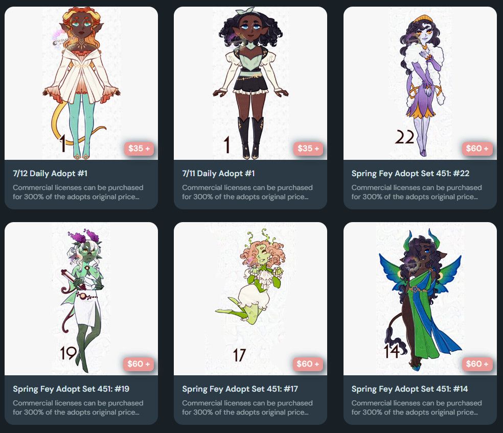 A screenshot from Ko-Fi displaying six adoptable designs, some of them are fairy themed.