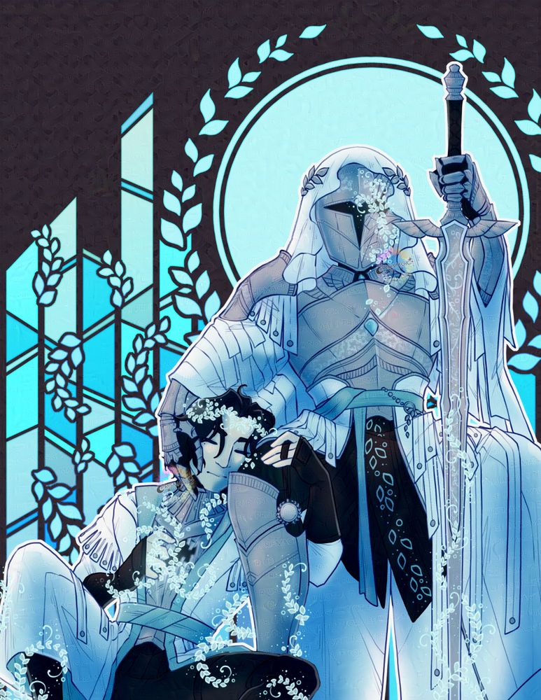 A digital illustration of two men. Sitting forefront is an angel dressed in heavy armor with a greatsword in hand and a delicate white veil. Sitting and holding the angel's leg is another man wrapped in glowing laurels. The background is a blue stained glass piece with a big halo behind the Angel's head.