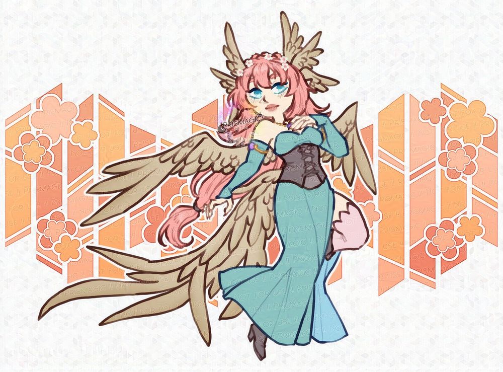 A chibi drawing of an angel with long pink hair who wears a long blue dress. The background is pink and orange stained glass with little flowers scattered over it.