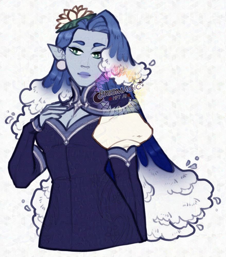 A half body portrait of a water genasi with blue skin and water for hair. She wears an all blue dress and a small lilypad on her head.