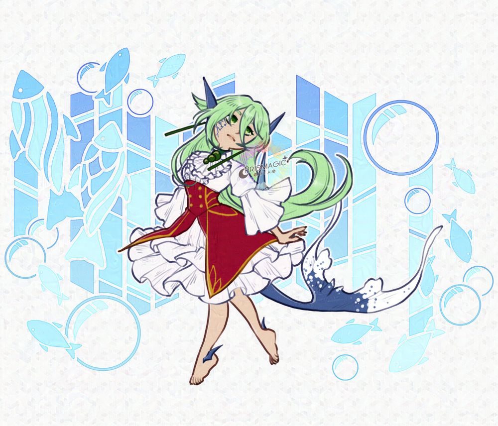 A chibi of a sharky character with long green hair and green eyes. She wears a white dress and a red cinched skirt. The background is a blue stained glass pattern with bubbles and fish on it.