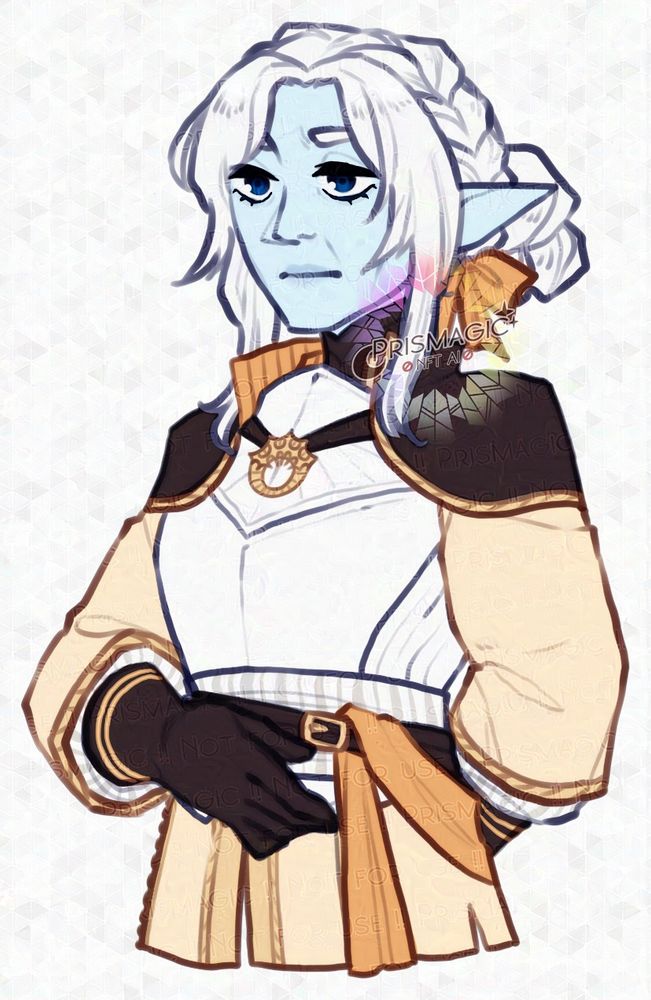 A half body portrait of a blue skinned elf with white hair braided back into a bun. She wears a suit of white armor and yellow clergy robes.