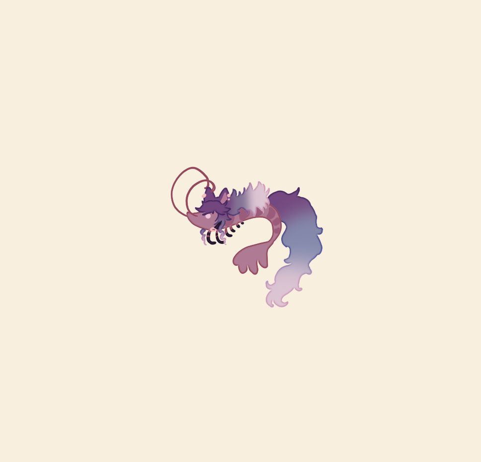 A little drawing of a purple shrimp wearing a long purple, blue, and yellow wig. It also wears a tail with the same gradient on it.