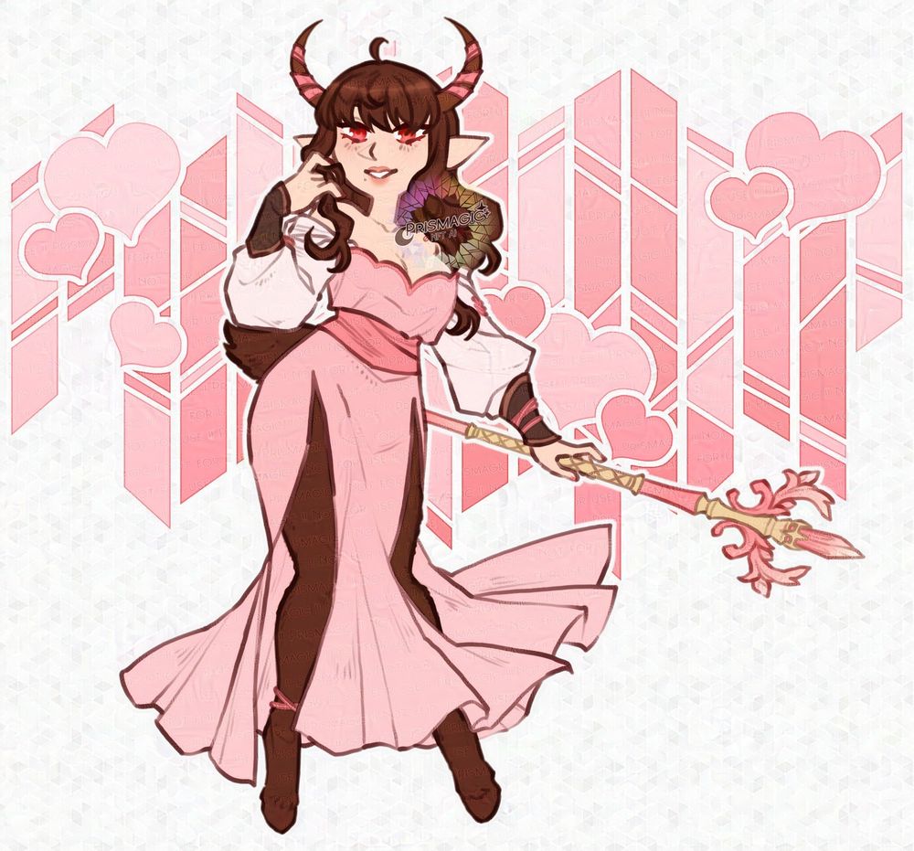 A coloured chibi of a satyr woman with long brown hair, horns covered in ribbons, who wears a pink dress and carries a pink and gold staff. The background is a stained glass pattern with little hearts over it.