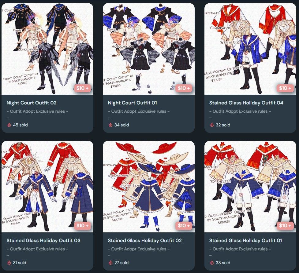 A screenshot of 6 Ko-Fi listings of different outfits priced at $10 each