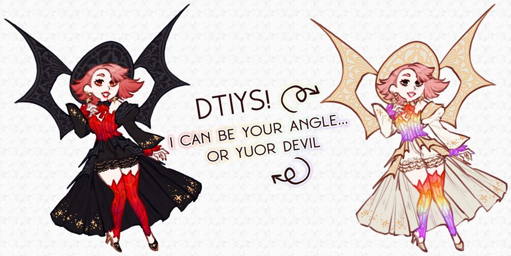 A banner featuring a pink haired sona wearing a gothic stained glass outfit with a set of iron wrought wings. On the left the outfit has a black and red palette, while on the right it has a rainbow and gold palette. The text in the middle says "DTIYS (draw this in your style)", as well as referencial meme text that says "i can be your angle...or yuor devil."