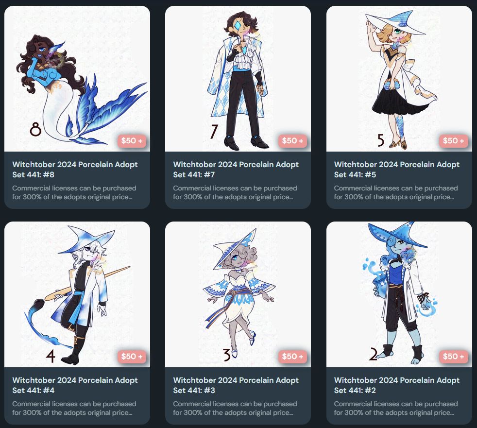 A screenshot of six adoptable Ko-Fi listings