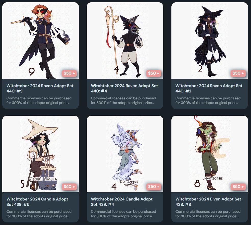 A screenshot of six adoptable Ko-Fi listings