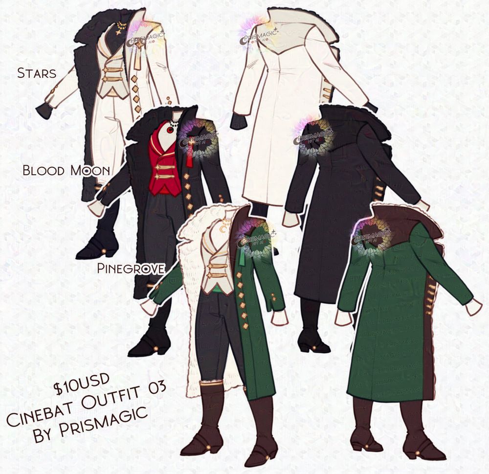 An outfit that is a fur lined jacket with fancy buttons, underneath is a turtle neck with a vest and a simple pair of pants and boots. It comes in three colour palettes, Stars which is black white and yellow, blood moon which is red black and gold, and pinegrove which is green brown and white.