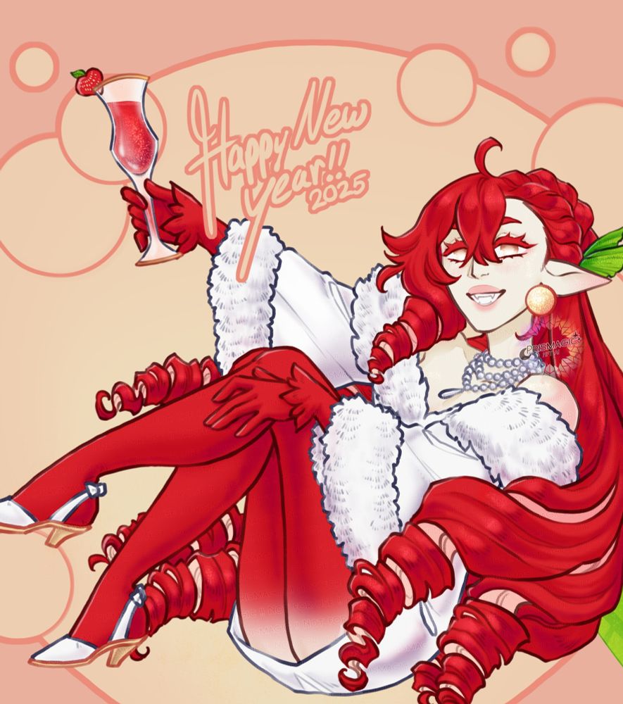 A digital drawing of a grey skinned fairy with long red and pink ringlett hair. She wears a white dress with bright red gloves and stockings. In one hand she holds aloft a fancy little drink glass. The background has little bubbles like champagne.