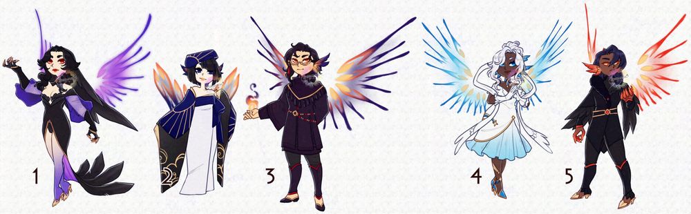 A five count adopt set of five different phoenix designs. The characters each have their own palettes and motifs, including different coloured abstract fire wings.