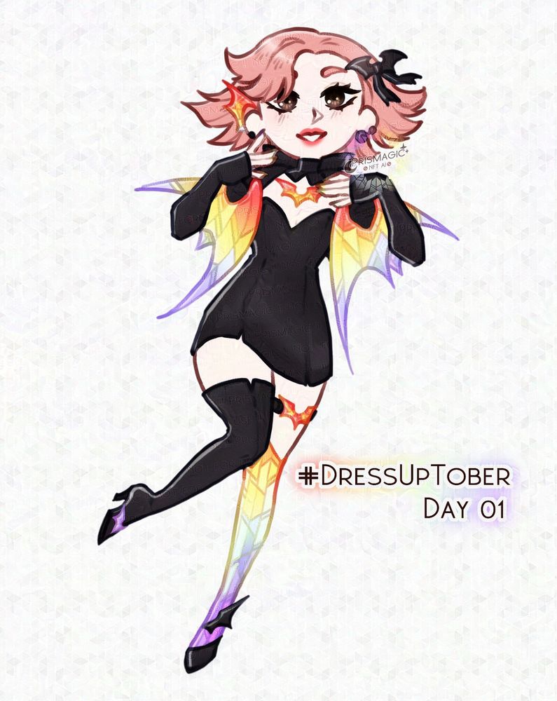 A chibi drawing of a pale skinned, pink haired, brown eyed sona. She wears a black leather dress with a bolero. One of her stockings and a bat wing shawl is made out of a rainbow stained glass.