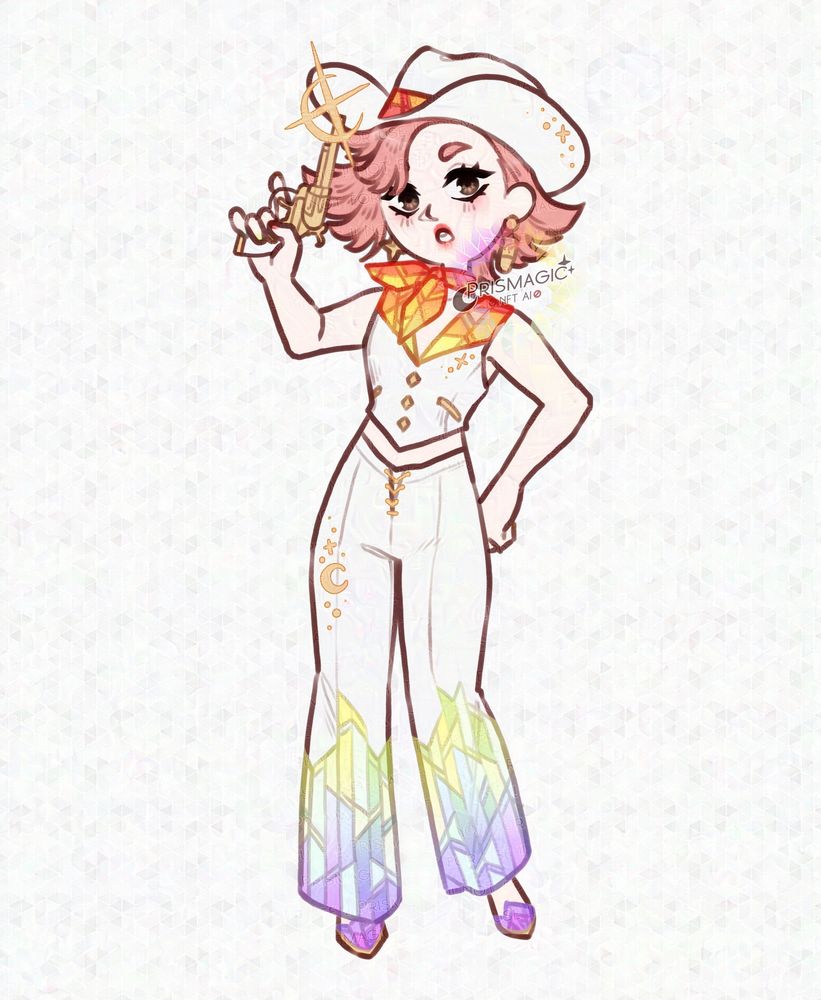 A chibi drawing of a pale skinned, pink haired, brown eyed character wearing a stained glass version of the cowboy outfit from the barbie movie.