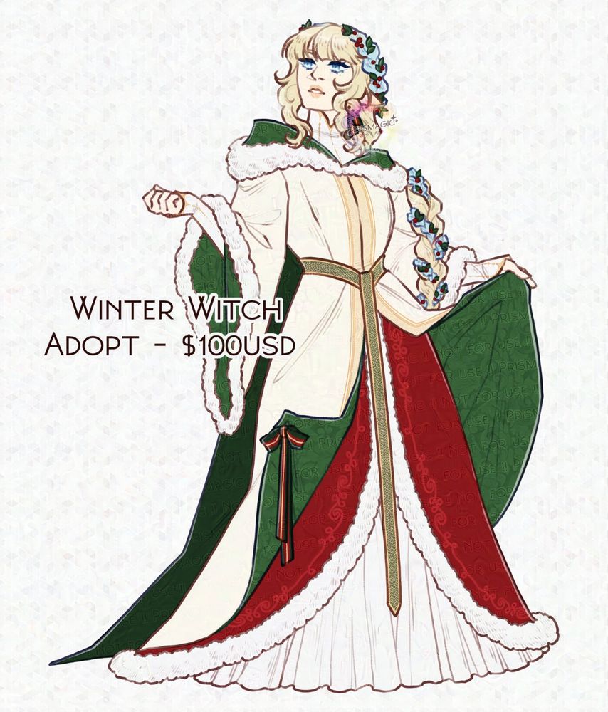 A full body adopt of a pale skinned witch with long blonde hair braided over her shoulder. She wears a winter robe outfit with multiple layers and fur lined trim.