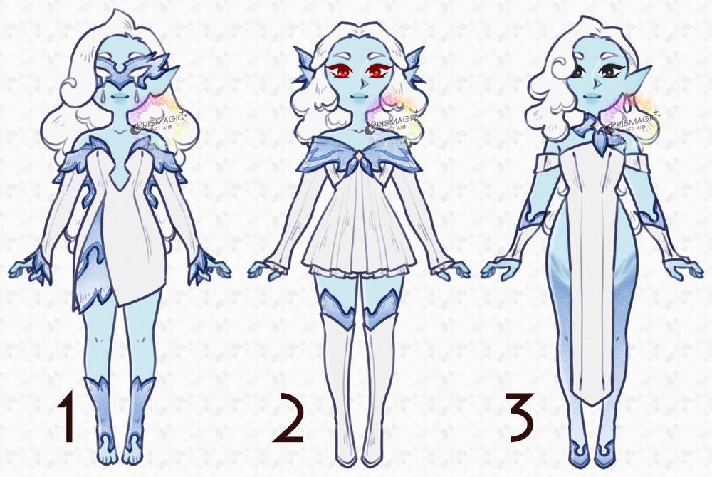 A trio of winter eladrin designs. They have snowlike hair and wear similar outfits with blue fairy wing accessories.