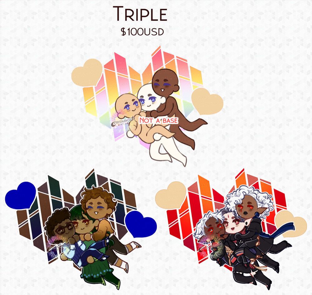 An example page with text at the top saying "Triple. $100usd." The examples are of trio of little chibis. The character in the middle holds one character in their arms while the third character holds onto their back.