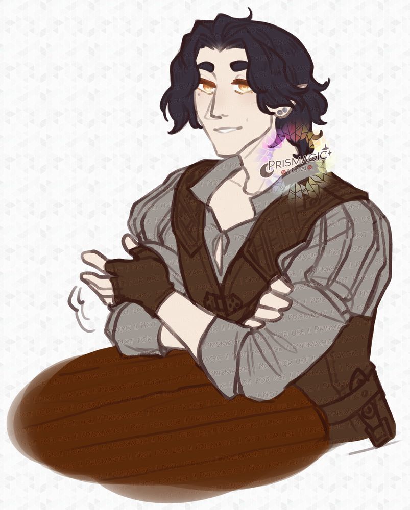 A bust drawing of a man leaning against a table. He has pale skin, gold eyes, and messy black hair. He wears a set of armor from dragon's dogma 2 and seems to be gesturing while smiling and talking.