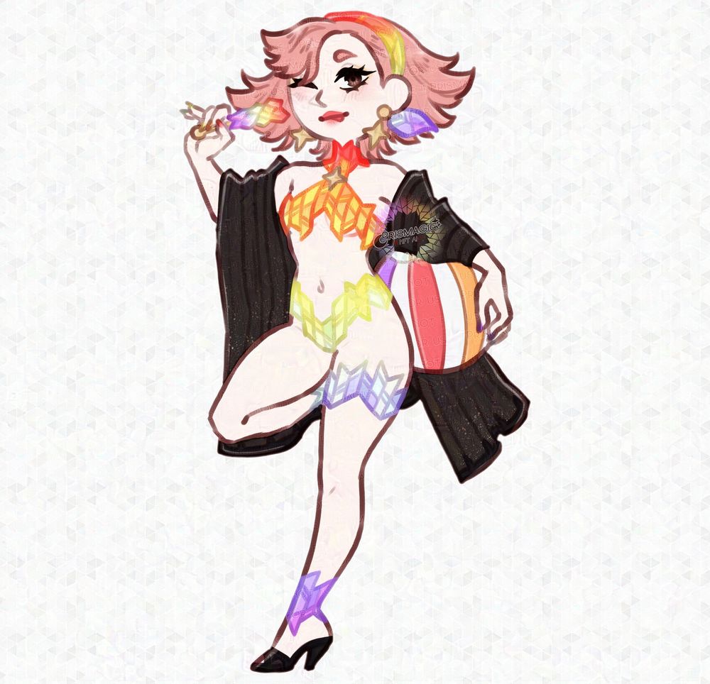 A doodle of a pale skinned, brown eyed, pink haired sona wearing a rainbow stained glass bikini with a black coverup over her shoulders. She holds a rainbow beachball in one hand and a rainbow sherbet popsicle in the other.