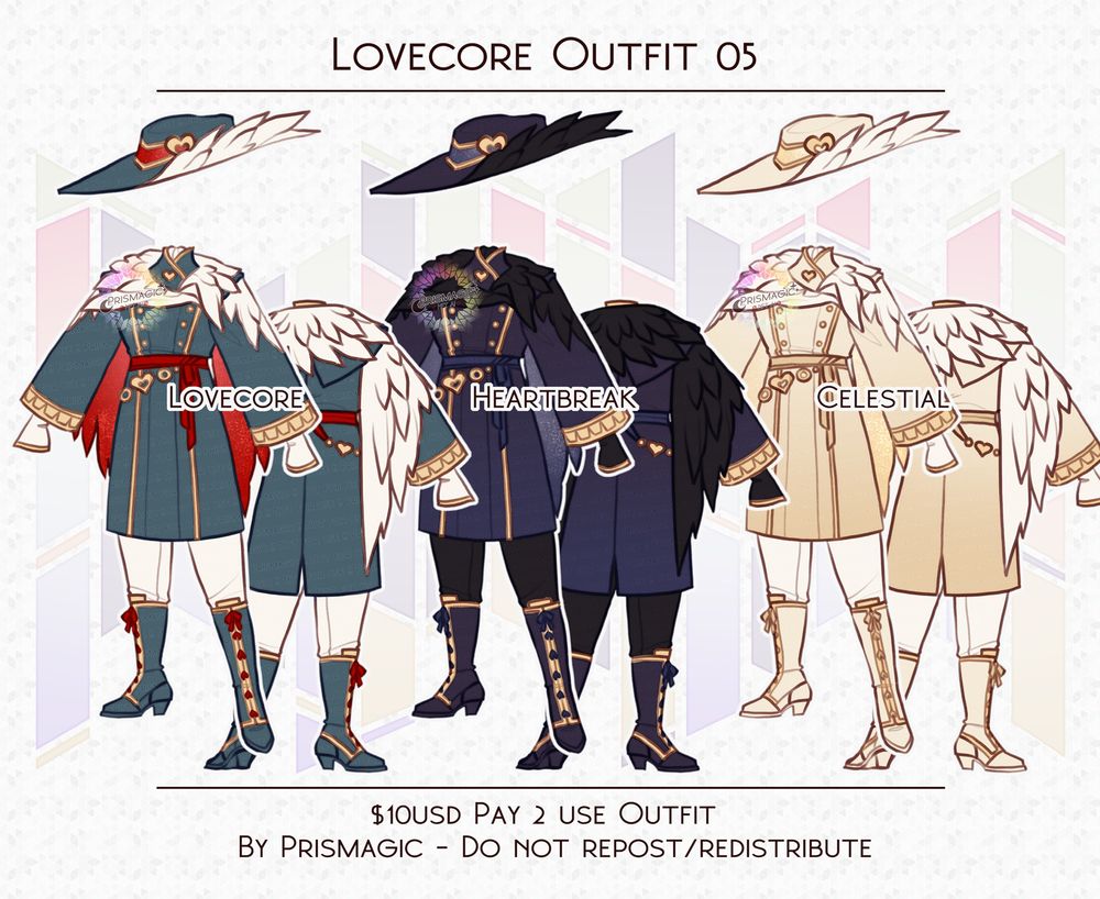 A lovecore/valentines day themed rogue's jacket with a feathered collar and sleeves. It has a hat with a feathered brim. It comes in three different colour palettes; yellow (named celestial), purple (named heartbreaker), and red & teal (named lovecore).