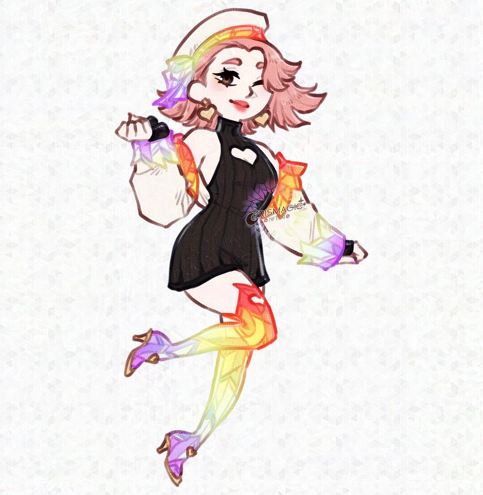 A chibi drawing of a pale skinned, brown eyed, pink haired witchsona. She is dressed in a valentine's day themed outfit; a black mini dress with a rainbow stained glass cardigan, thigh highs, and a cute beret.