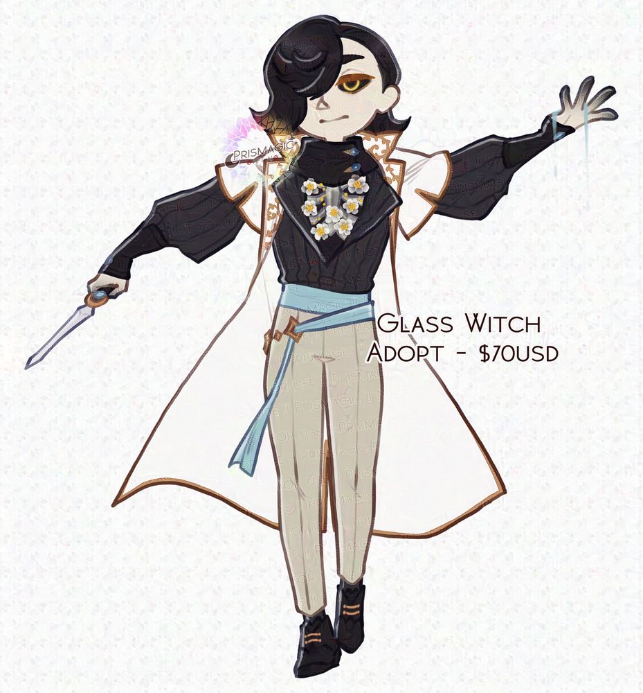 A chibi design of a revenant with short black hair and a piercing yellow eye. They hold an athame in one hand and wear a black, blue, and white outfit.