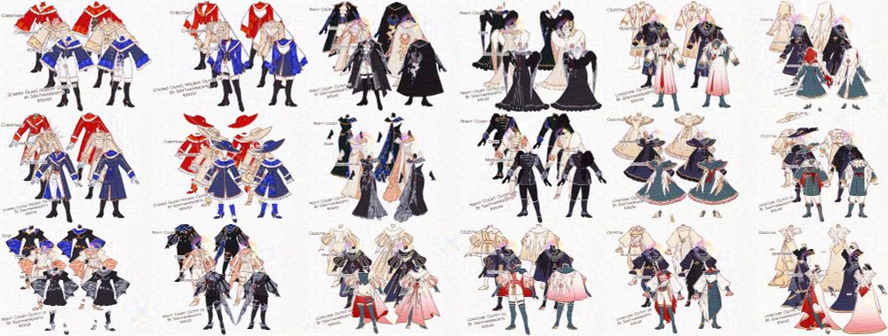 A series of $10 pay to use outfits. Each outfit has a back and a front view, as well as three different colour ways. The themes are stained glass, night court, and lovecore.