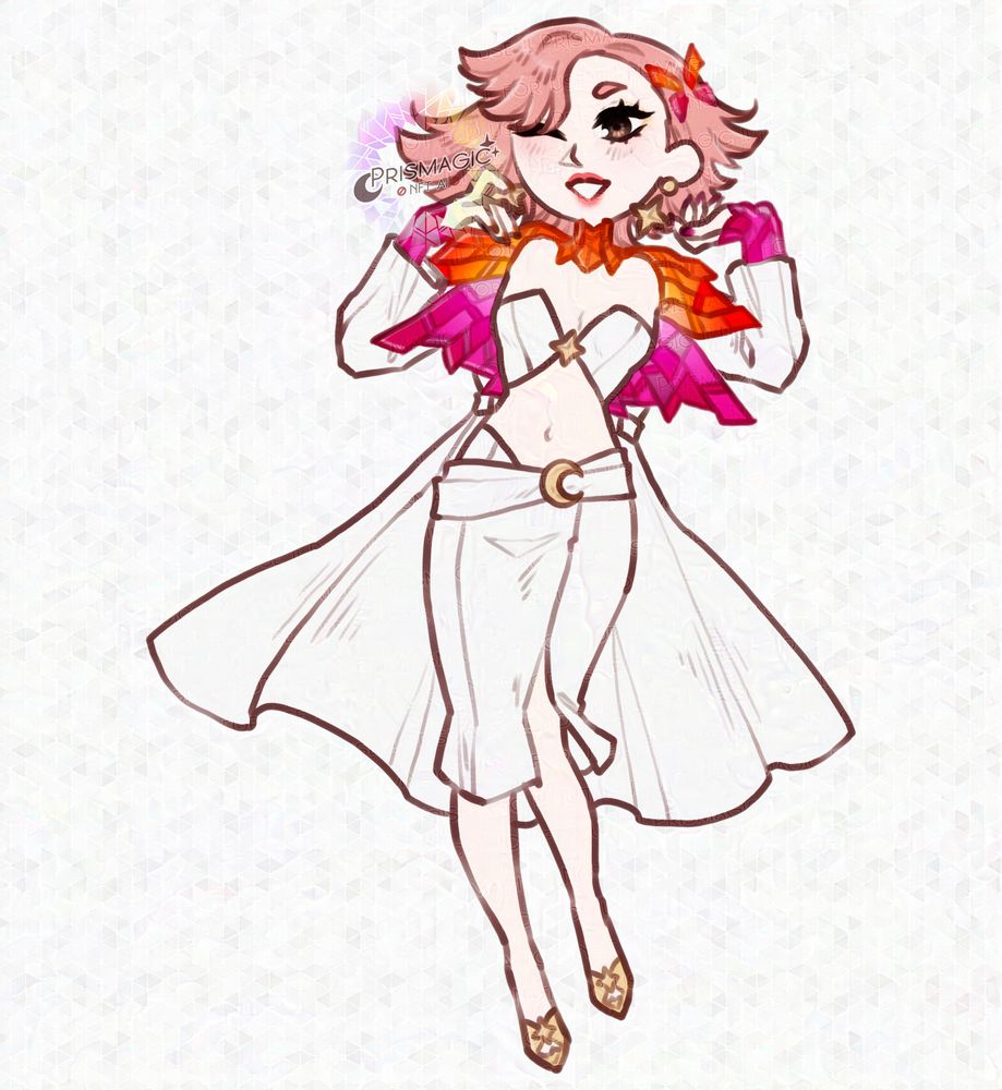 A chibi of a pale skinned, pink haired, brown eyed sona. She wears a white two piece crop top and skirt with stained glass panels in the colours of the lesbian pride flag.