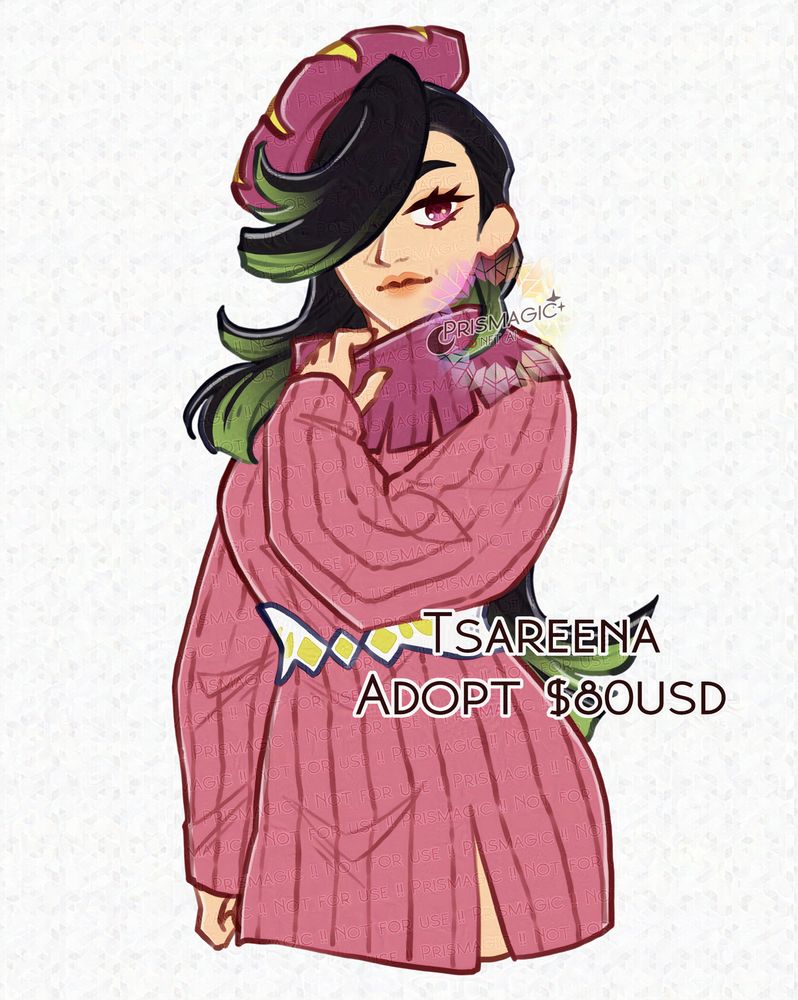 A half body character design of a pokemon. She has long black and green hair and wears a pink sweater and a matching beret.