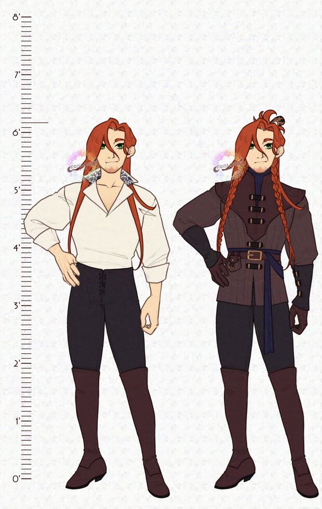 A height chart reference of a ginger haired man with soft green eyes. On the left he wears a simple outfit with over the knee boots, black pants, and a tunic. On the right he wears a leather jacket and a blue sash.