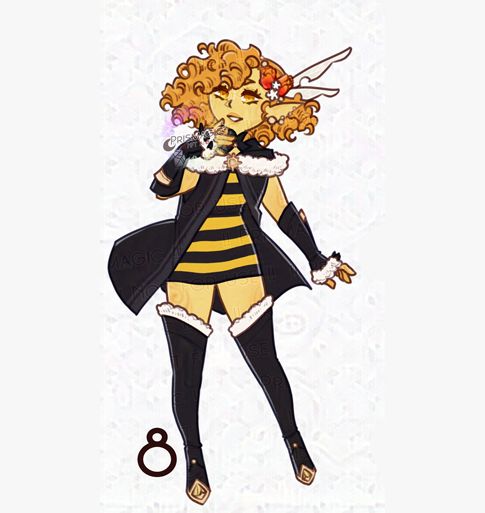A yellow skinned, orange haired Eladrin design with flowers and bug wings in her hair. She wears a striped black and yellow dress, with a furred coat and spiked gloves.