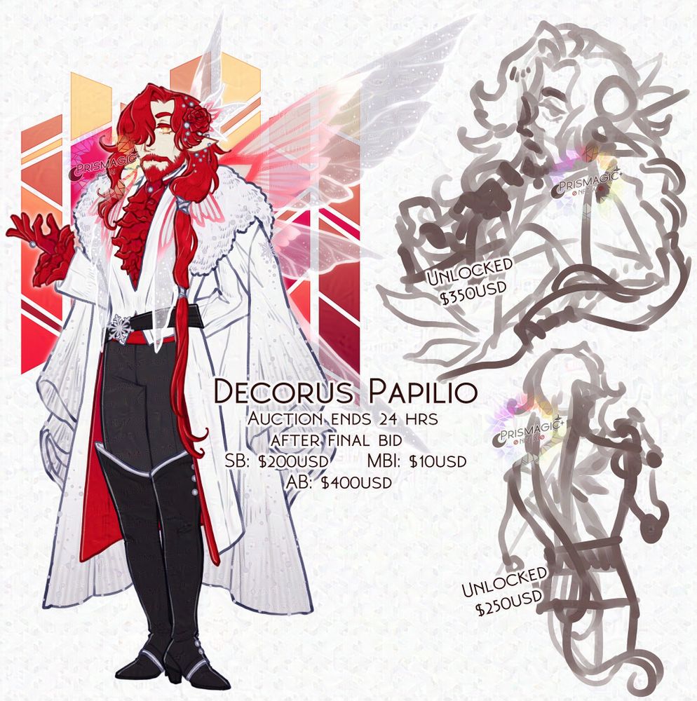 A full body drawing of a Fairy man with large red and white wings, red hair, and gold eyes. He wears a long white vest with a red rose petal-like cravat. He has a large jacket with a fur collar over his shoulders. To the right are two unfinished sketches, one of a bust view and the other of a backview.
