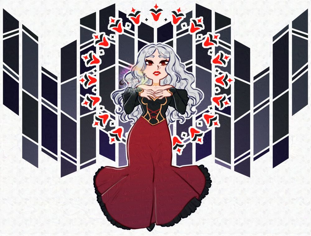 A chibi drawing of a dhampir character wearing a floor length gown, she has silver hair and red eyes. The background is a tulip halo in a stained glass pattern.