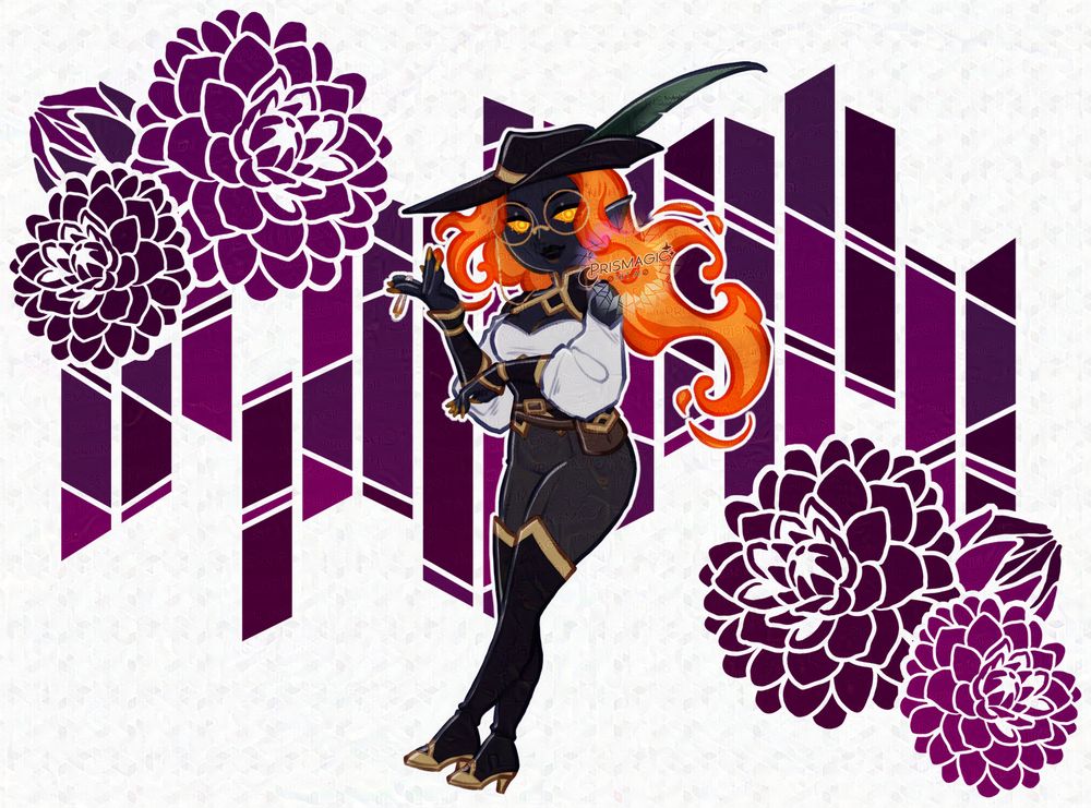 A chibi drawing of a fire genasi with lava hair, she wears a black and gold adventuring outfit with a big feathered hat. The background is a purple stained glass motif with dahlia flowers on it.