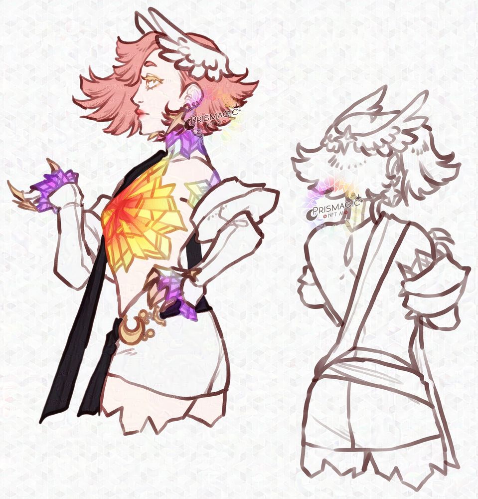 Two half body sketches of a pale skinned, gold eyed, pink haired character dressed in a stained glass halter and white gloves and a skirt. She has a winged circlet on her head.