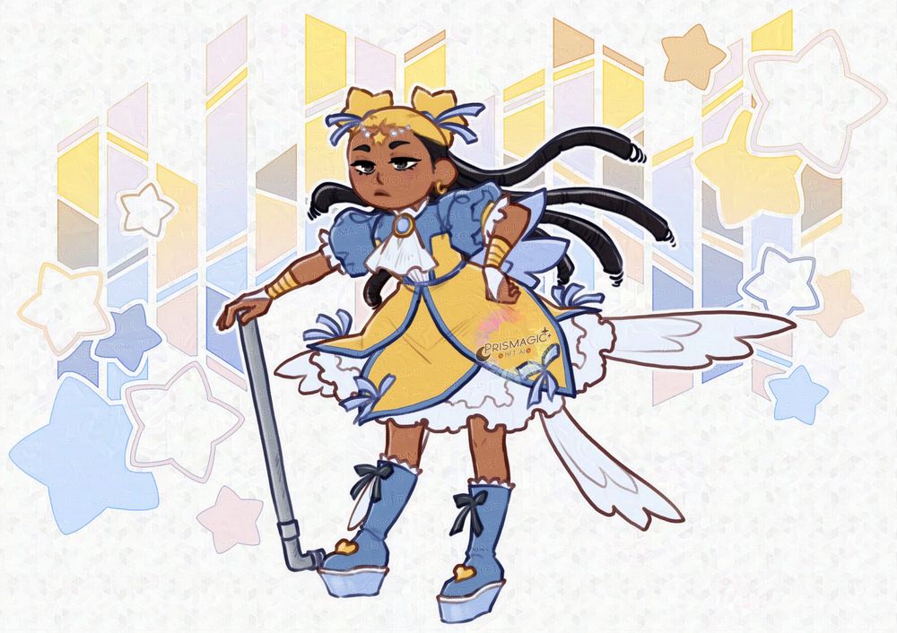 A drawing of Aika from "I don't want to be a magical girl." She leans on a pipe and has her other hand on her hip. The background is a blue and yellow stained glass pattern.